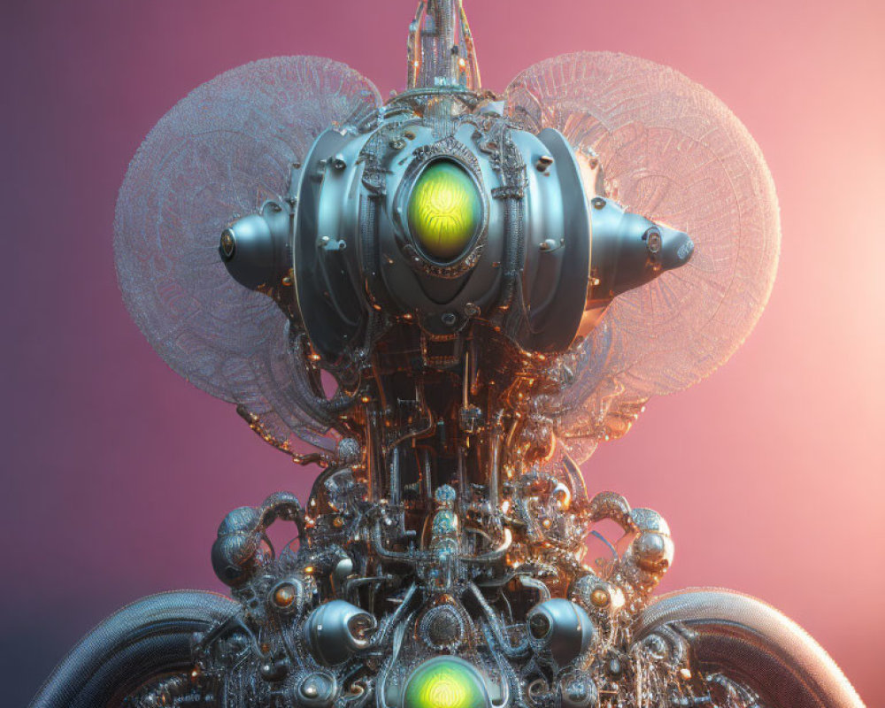 Detailed 3D Rendering of Intricate Mechanical Structure with Glowing Orb and Spiral Elements