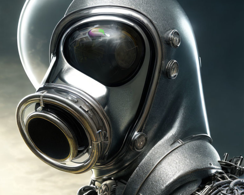 Robotic head resembling vintage deep-sea diving helmet with reflective visor and intricate mechanical parts.