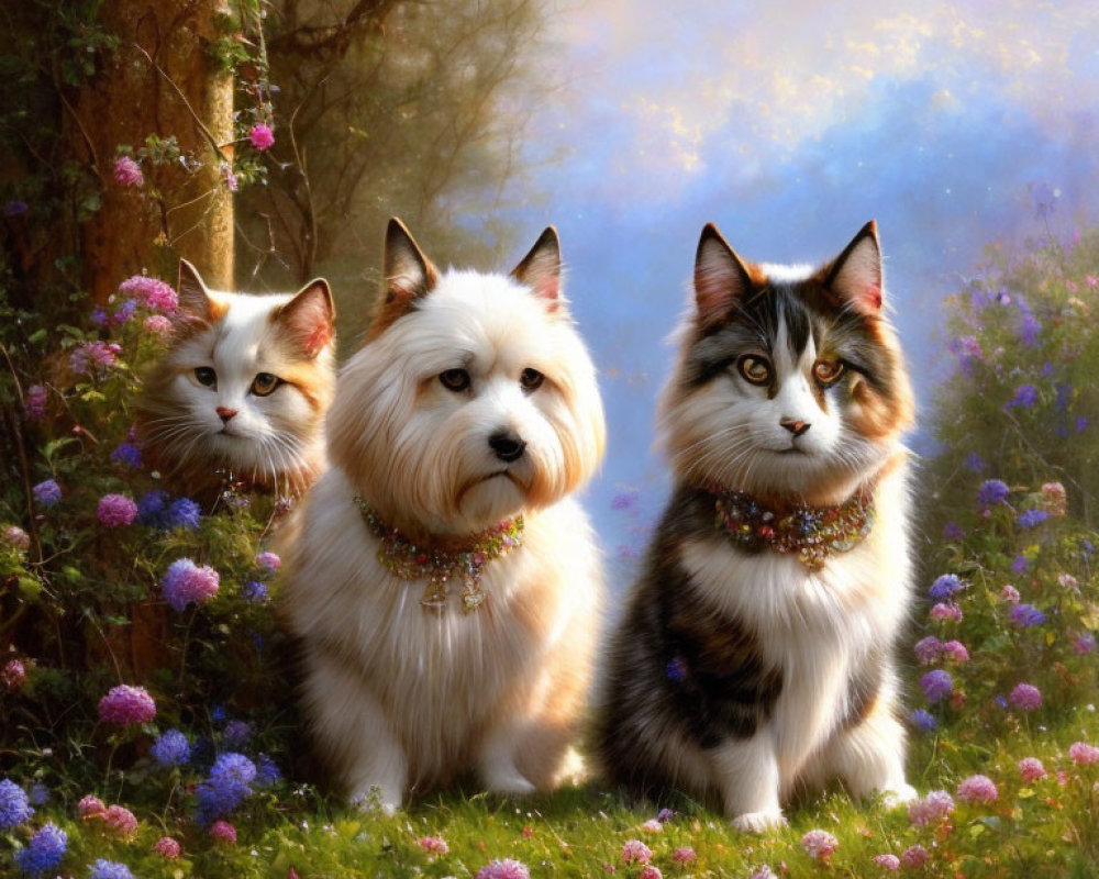 Two Cats and a Dog with Ornate Collars in Mystical Forest Scene