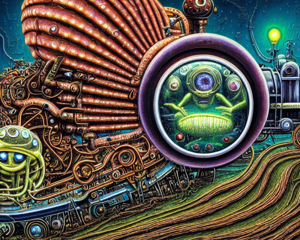 Detailed artwork of whimsical mechanical landscape with colorful pipes and robot-like beings