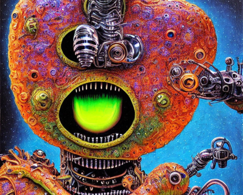 Detailed Illustration of Colorful Mechanical Creature with Glowing Green Mouth