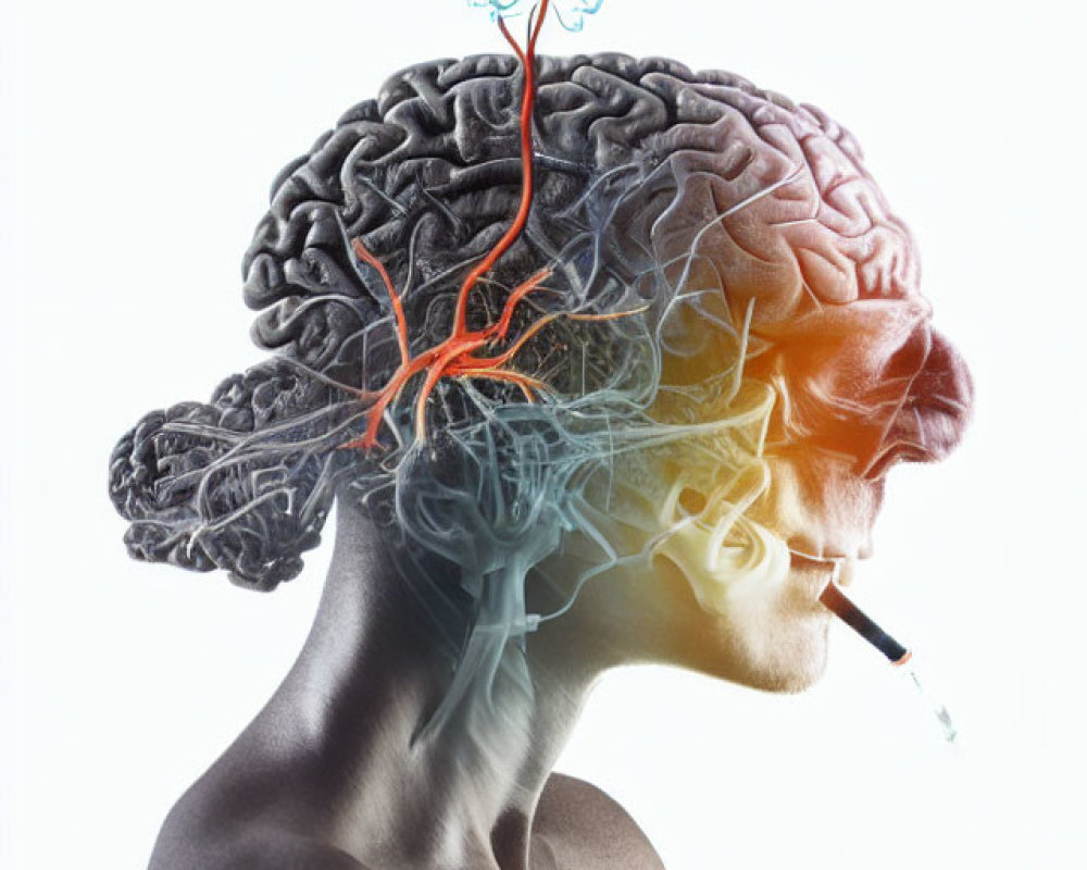 Transparent view of human head profile with brain and blood vessels, white background, cigarette.