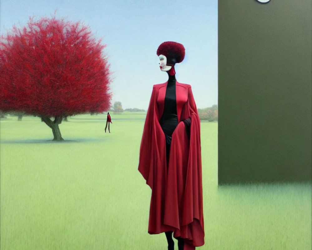 Surreal artwork featuring figure in red cape, tall hair, red tree, small figure, and