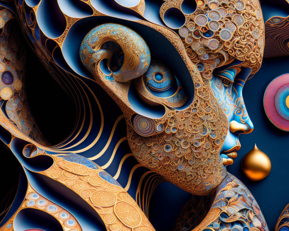 Surreal ornate face with intricate blue, gold, bronze patterns