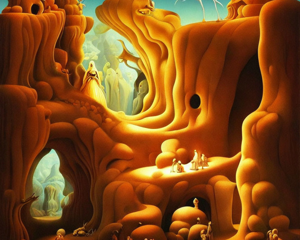 Surreal Warm-Toned Painting of Organic Cave Landscape with Anthropomorphic Figures