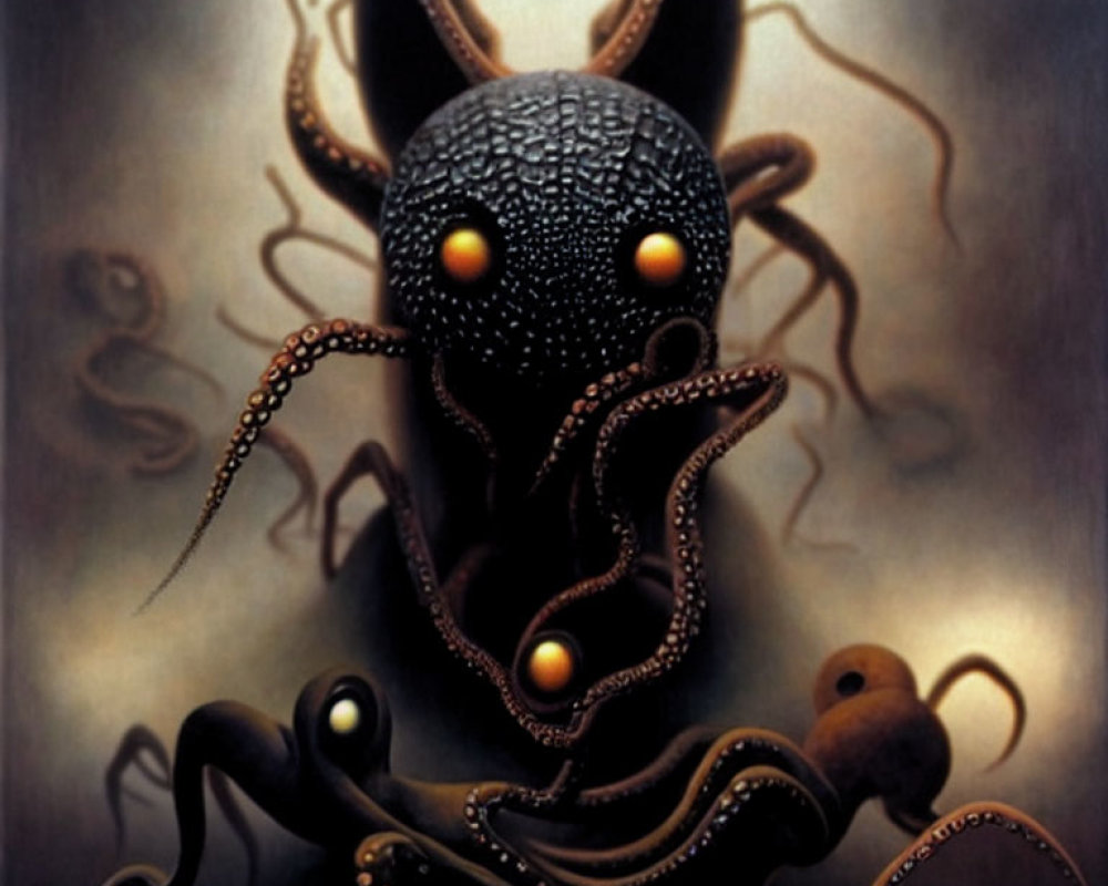 Dark textured creature with glowing eyes and tentacles on murky background