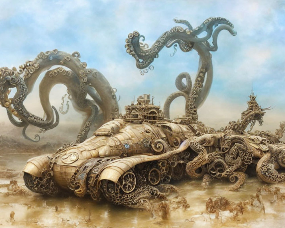 Steampunk-style illustration of a mechanical octopus on barren landscape