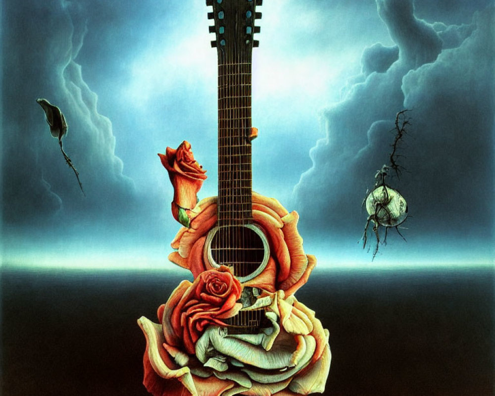 Surreal guitar emerging from rose with skull on blue sky background