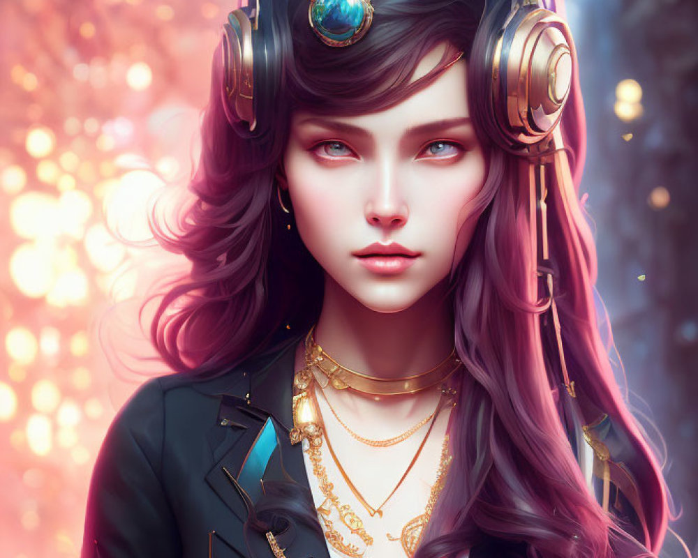 Digital portrait of woman with purple hair and headphones in mystical autumn setting