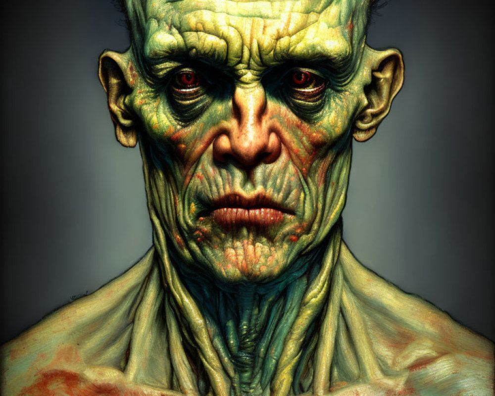 Monstrous humanoid figure with greenish skin and red eyes