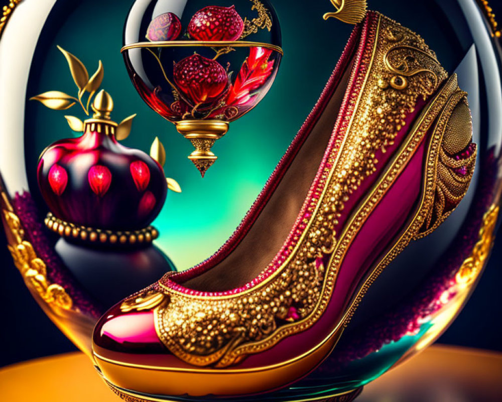 Surreal golden high heel with perfume bottles and floating raspberries