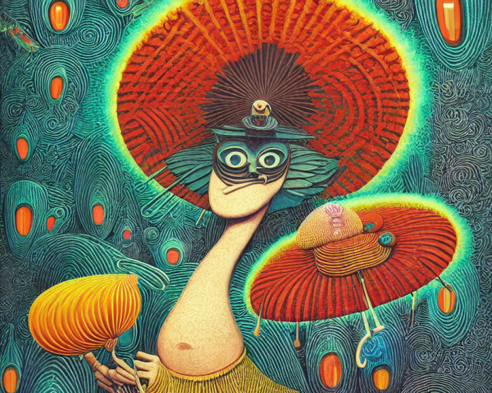 Colorful surreal illustration: Figure with elongated neck, sunhat, sunglasses, holding a pumpkin.