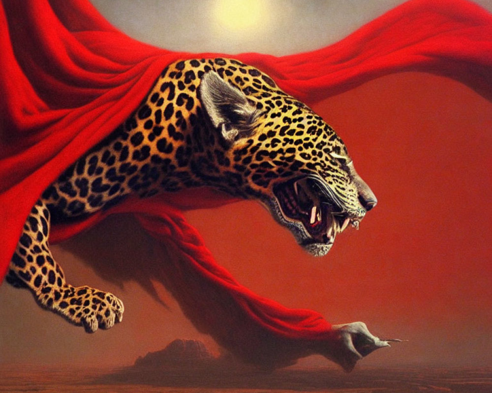 Surreal artwork: leaping jaguar with red cape under hazy sun