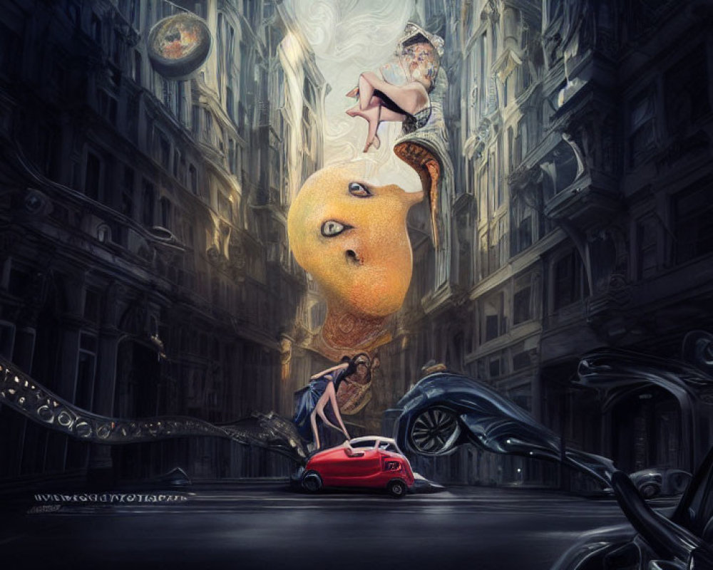 Surreal cityscape with woman, floating fish, red car, whimsical architecture