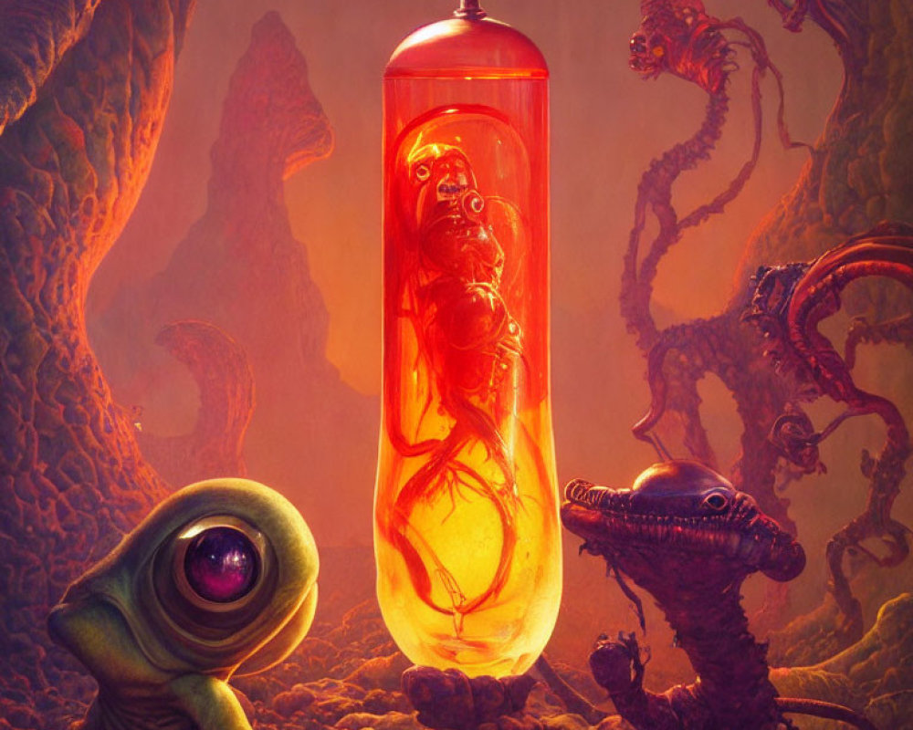 Surreal illustration of alien creature and serpentine entities with amber specimen