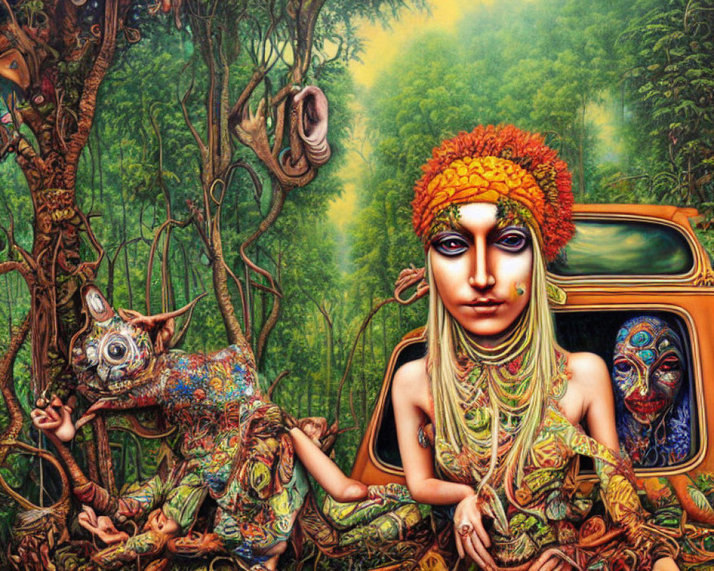 Surrealist painting: Elaborate face paint, forest, TV, fantastic creatures