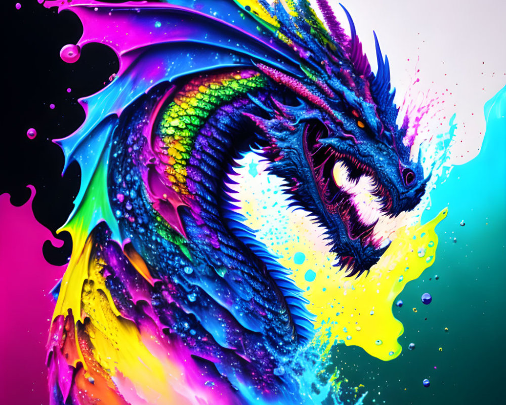 Colorful Dragon Emerges from Vibrant Paint on Black Background