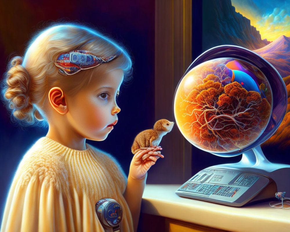 Child with futuristic accessories admires tree root system on spherical display.