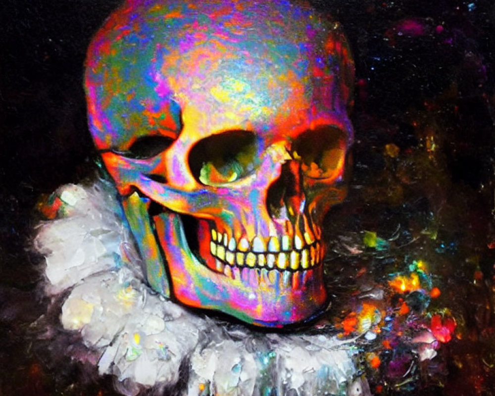 Colorful iridescent skull with white collar on textured background