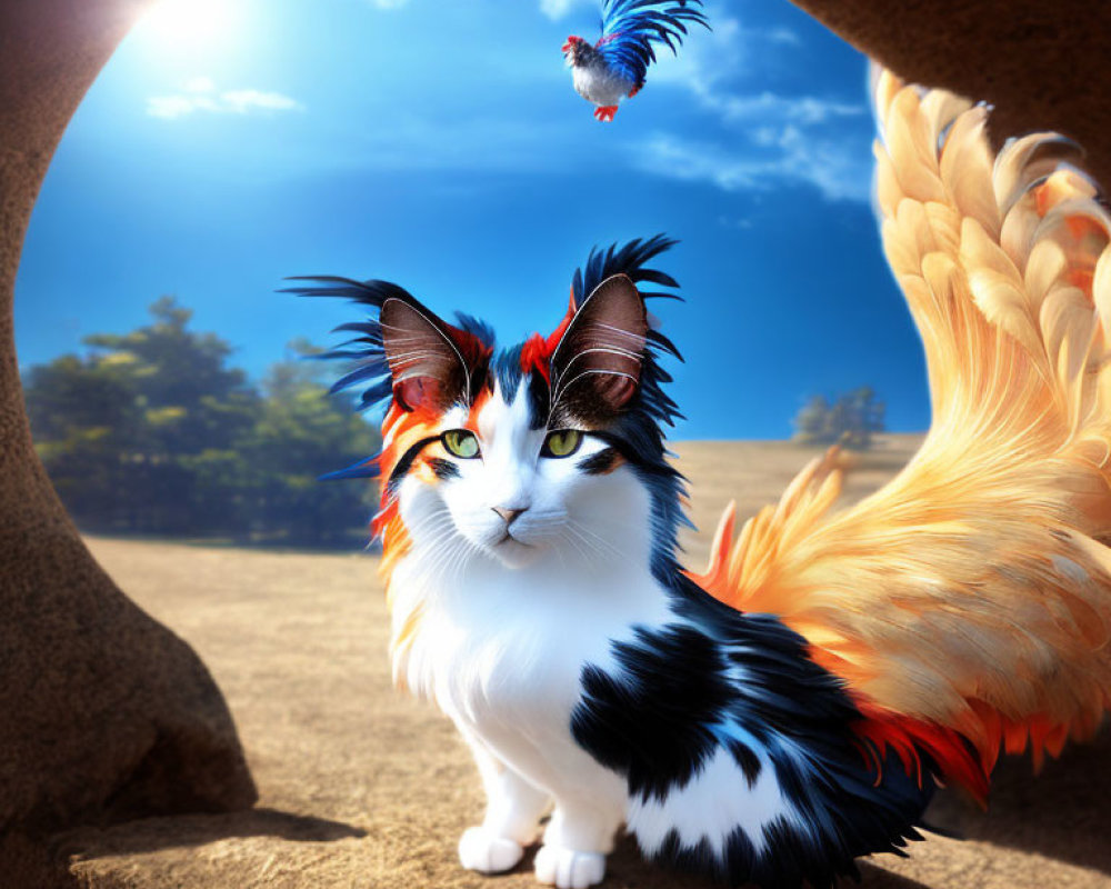 Colorful Cat with Feathered Wings and Parrot in Fantastical Scene