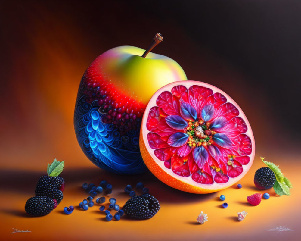 Colorful Surreal Still Life with Apple, Grapefruit, Flowers, Berries, and Popcorn