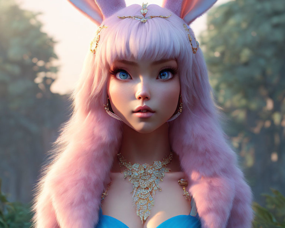 Fantastical humanoid creature with pink rabbit ears and exotic jewelry in lush setting