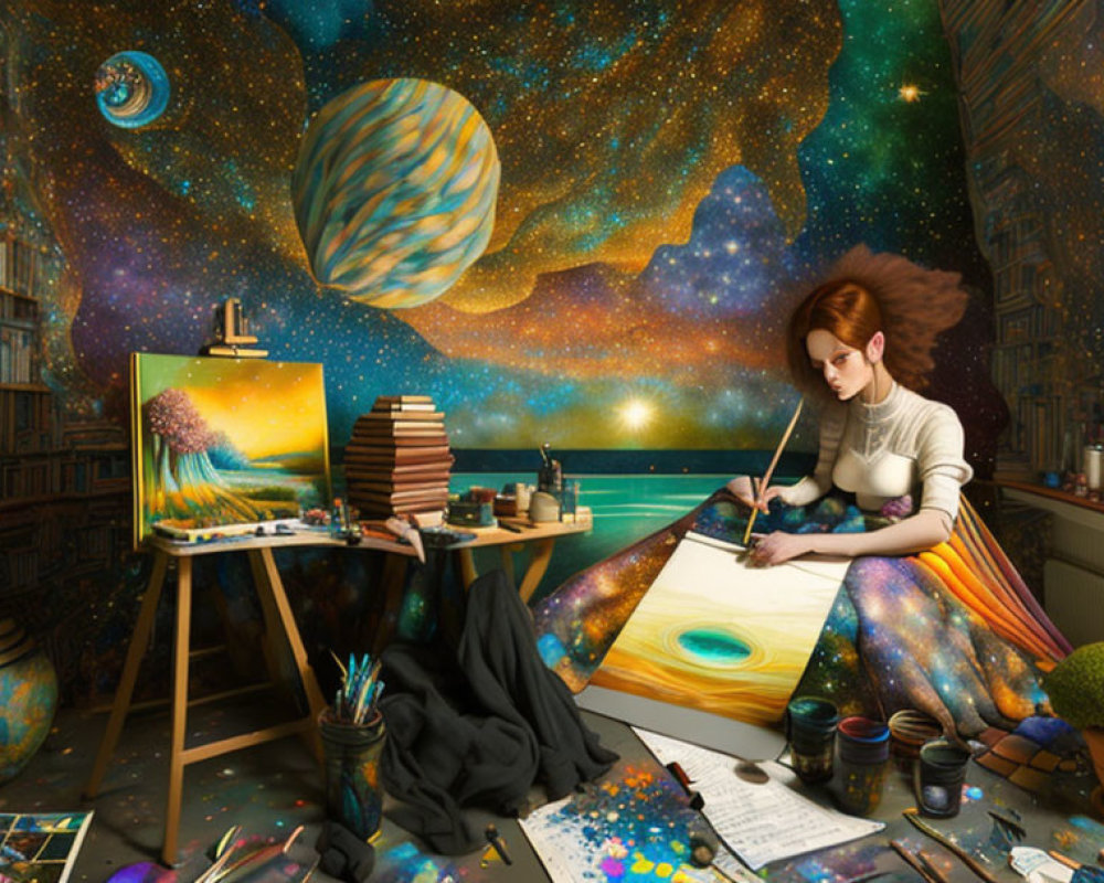 Woman painting cosmic landscape in room with books, art supplies, celestial theme.