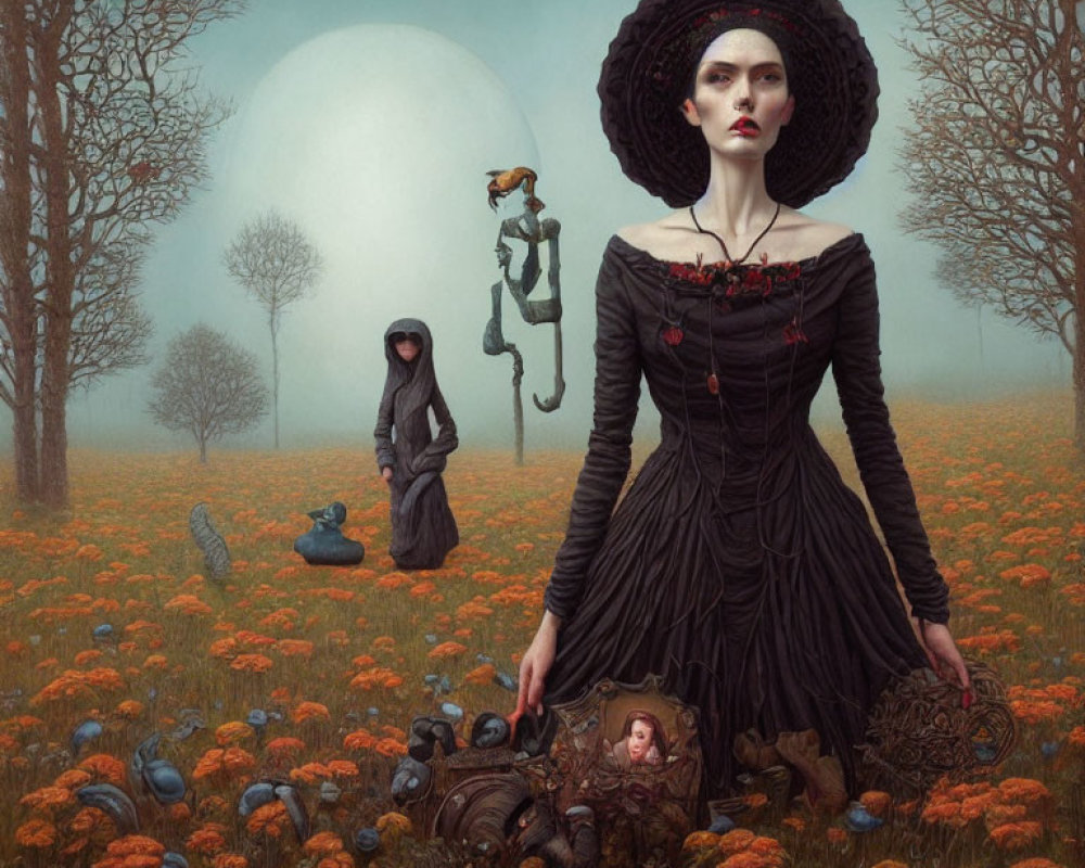 Gothic woman with parasol in surreal pumpkin field with floating figure under large moon