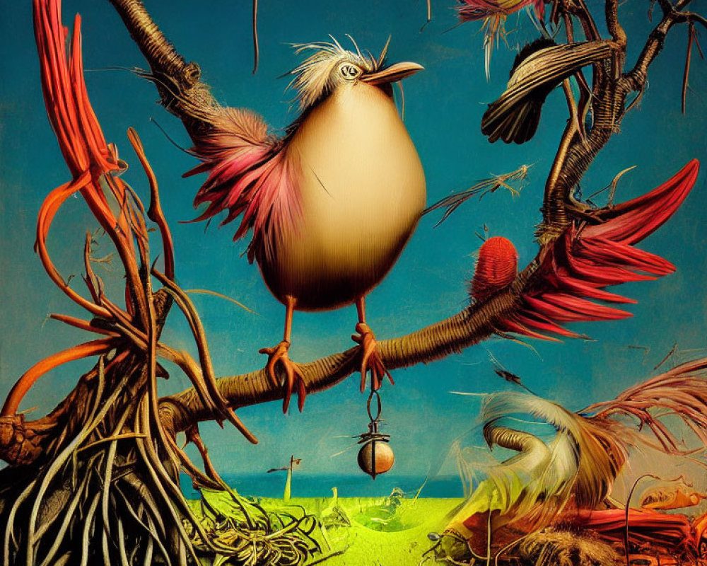 Colorful Surreal Illustration of Plump Bird in Whimsical Setting