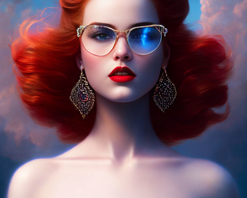 Vibrant red-haired woman in blue-tinted glasses under cloudy sky