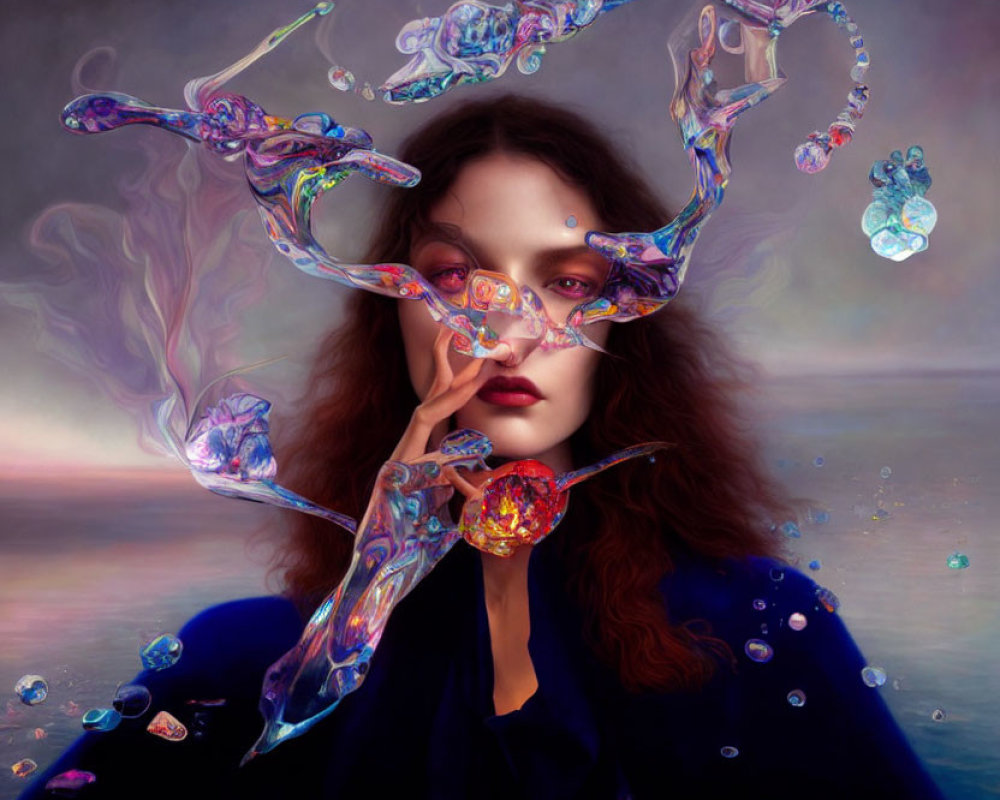 Dark-haired woman surrounded by colorful abstract shapes in dreamlike scene