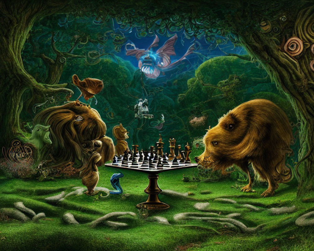 Fantastical creatures playing chess in enchanted forest