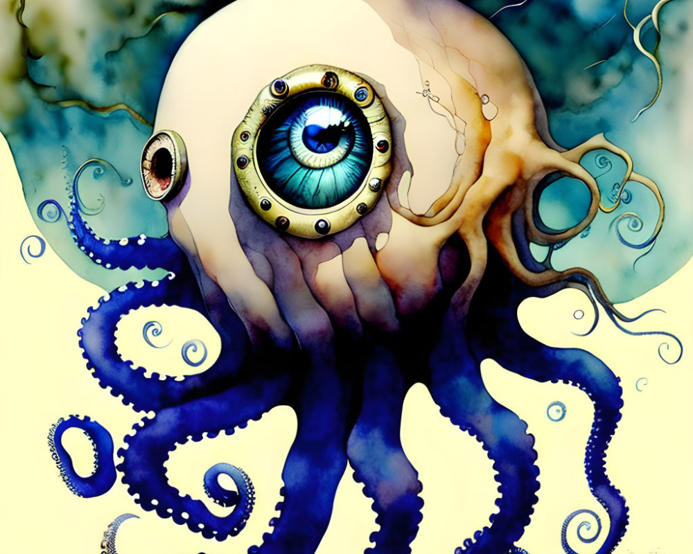 Octopus with human eye head in surreal watercolor illustration