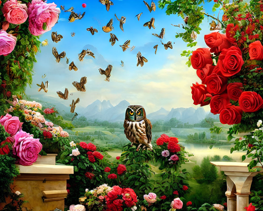 Fantastical garden with roses, butterflies, owl, and mountains under blue sky