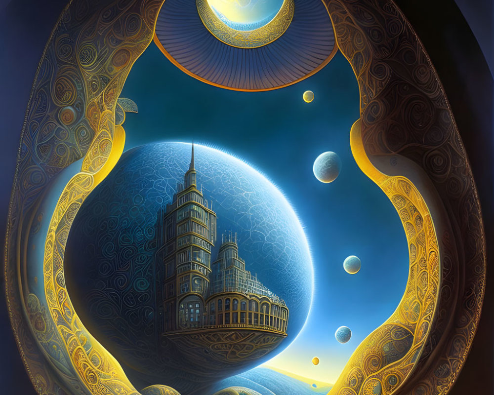 Surreal Artwork: Castle on Celestial Body with Moons and Snake Creature