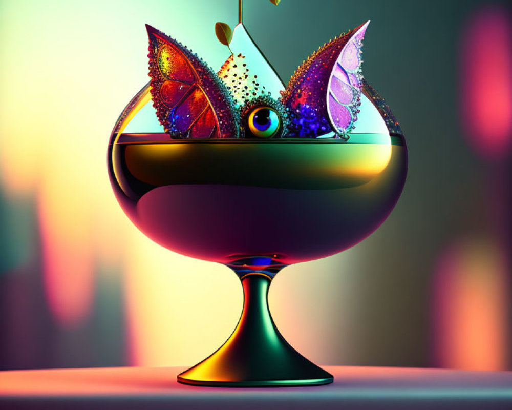 Surreal chalice with eye, butterfly wings, splashes, and leaves on urban backdrop