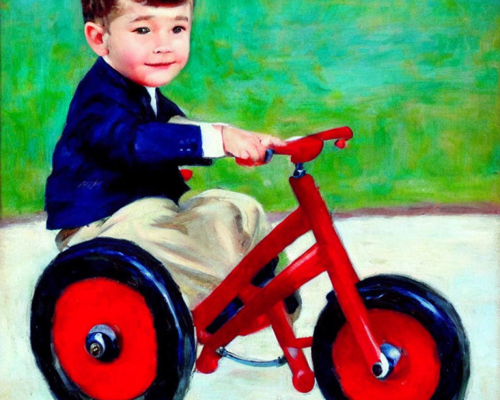 Young child on red tricycle in blue jacket and beige pants on green background