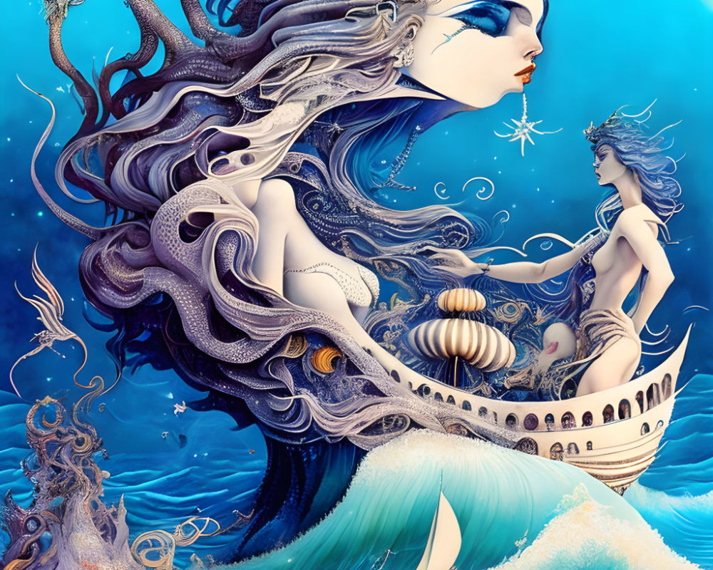 Illustration of woman with flowing hair and maritime elements including ship, waves, and sea creatures.