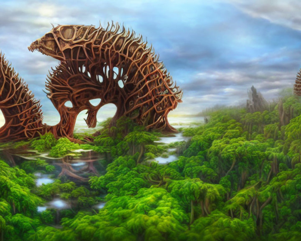 Fantastical landscape featuring towering tree-like creatures in lush green forest