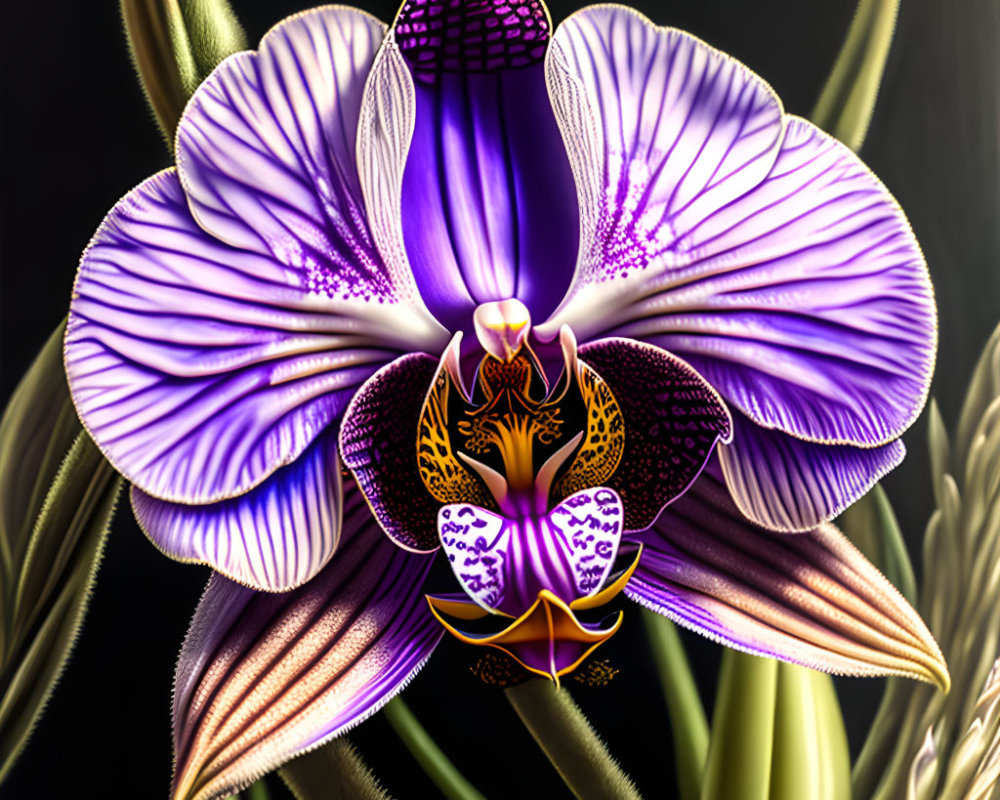 Orchid digital illustration with purple and white patterning