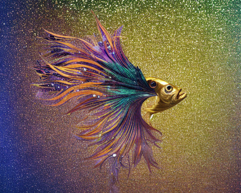 Vibrant betta fish with flowing fins on glittery green and gold backdrop