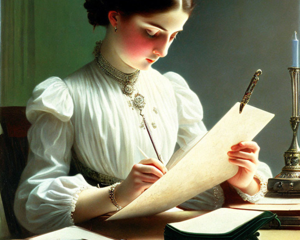 Victorian-era woman reading letter by candlelight with book and quill