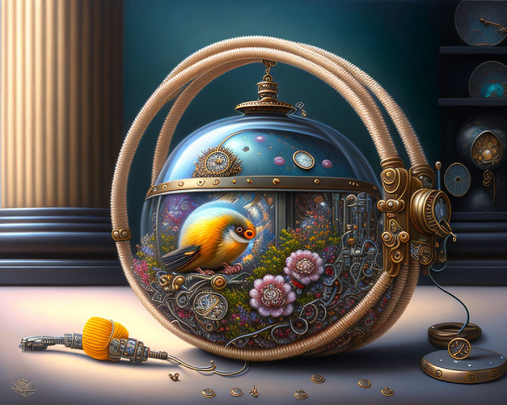 Steampunk-style fishbowl with orange fish, gears, flowers, and telephone handset