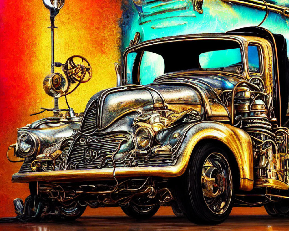 Colorful Abstract Background with Stylized Classic Car Illustration