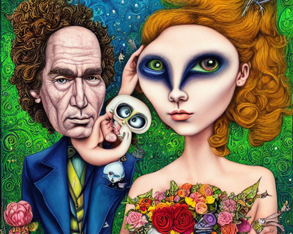 Vibrant surreal portrait with stylized figures and alien-like creature