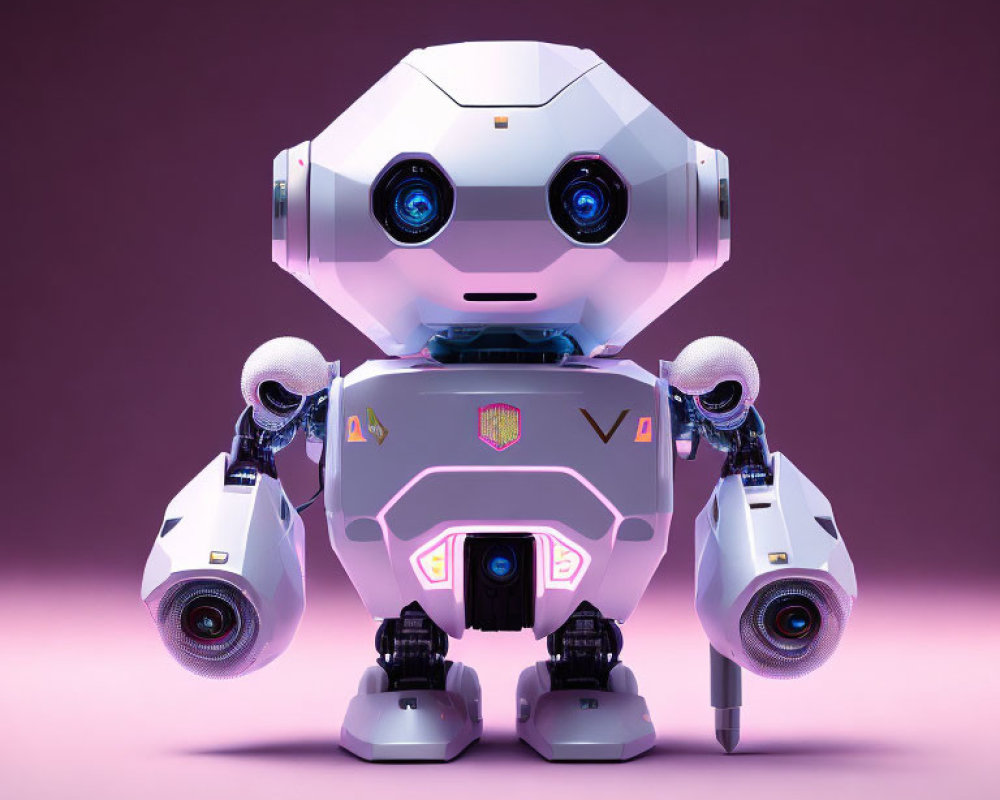 Stylized white and purple robot with optical sensors and grippers on pink background