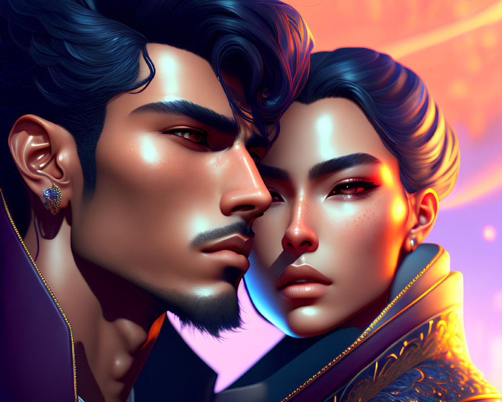 Stylized male figures with detailed hair and earrings on warm backdrop