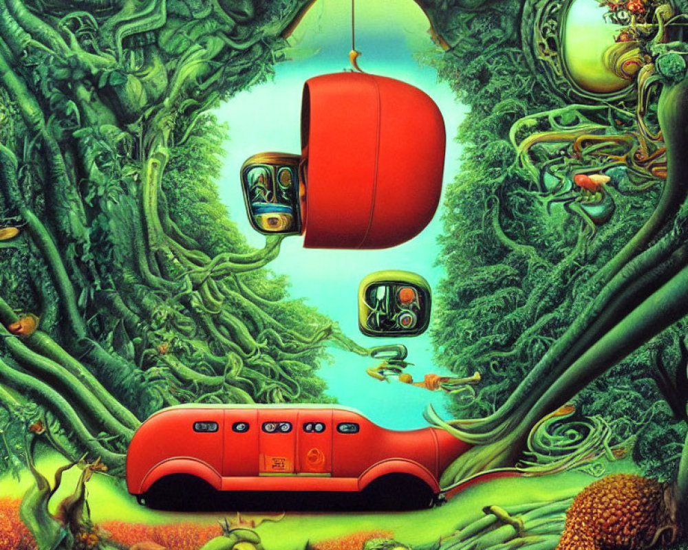 Surreal artwork of red bus-like vessel in green forest with bubble-shaped windows