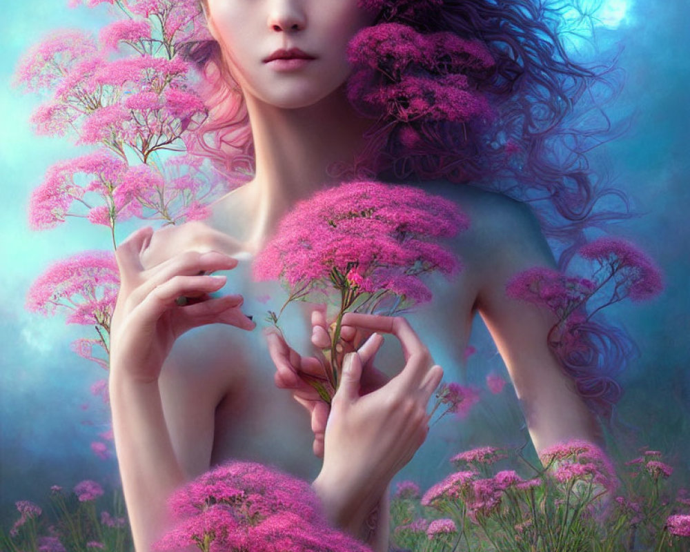 Digital Artwork: Woman with Pink Flower Hair in Mystical Blue Environment