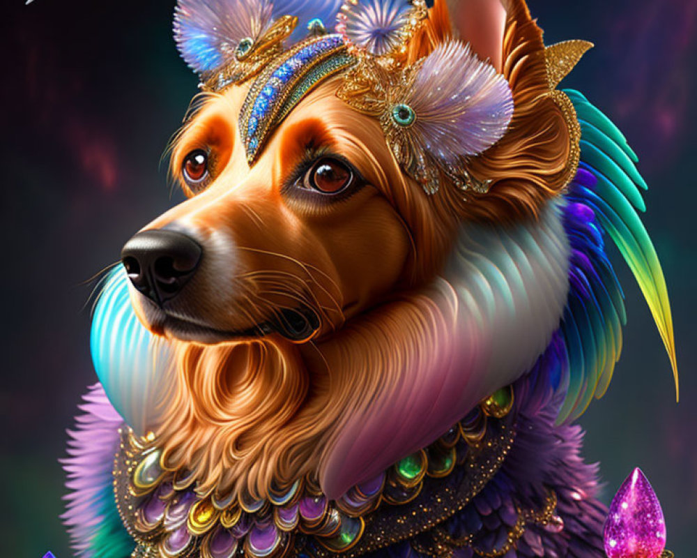 Colorful feathered dog with jeweled headpieces in fantastical setting